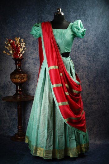 Sea Green Traditional Pattu Pavadai Set with Red Dupatta