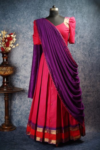 Pink Silk Cotton Pavadai Set with Purple Dupatta