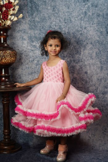 Pink Layered Ruffle Party Wear Frock for Girls