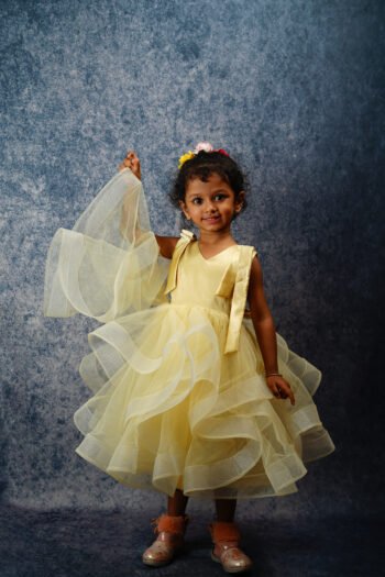 Yellow Layered Net Party Wear Frock for Girls