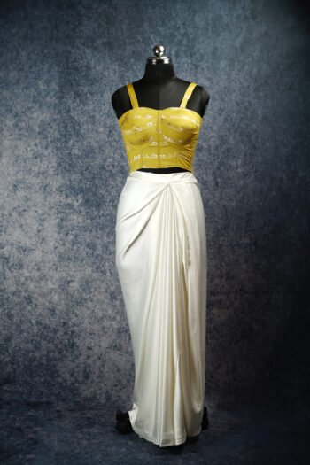 Mustard Corset Blouse with Ivory Draped Skirt Set